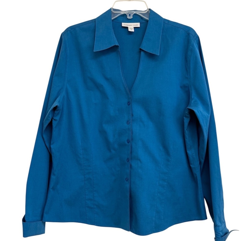 Coldwater Creek Womens XL Teal Blue 100% Cotton Button Down V-Neck Shirt Top